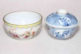 Blue and white Chinese lidded bowl with floral panels on floral crackle design ground and Chinese