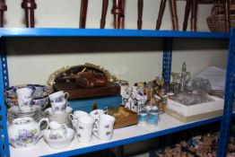 Collection of decorative porcelain, metalwares, glass, cutlery, teaware, bowl, binoculars, case,