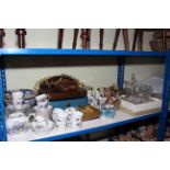 Collection of decorative porcelain, metalwares, glass, cutlery, teaware, bowl, binoculars, case,