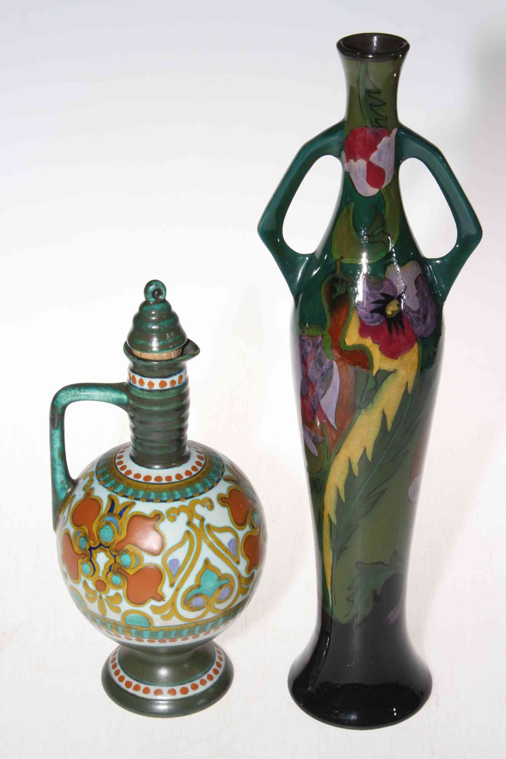 Large Gouda glazed vase and Gouda jug.