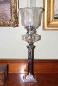 Adams style silver plated oil lamp with etched shade, 73cm high.