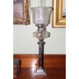 Adams style silver plated oil lamp with etched shade, 73cm high.