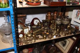 Large collection of brass and metalwares including five mantel clocks, alarm clock,