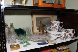 Victorian engraved glasses, trench art, inlaid tray, wash bowl and jugs, etc.