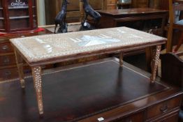 Indian inlaid rosewood rectangular low table, 36cm by 101cm by 50cm.