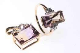 Ametrine and Diamond 9 carat yellow gold ring and matching pendant, Ametrines 3.79 and 7.