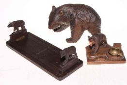 Black Forest carved wood book trough, ashtray and carved bear.