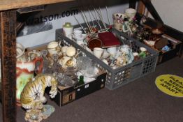 Three boxes of figurines, glass, mantel clock, etc.