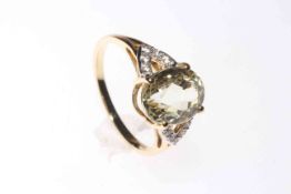 9 carat yellow gold 4.7 carat Canary Kunzite and white Zircon ring, size P½ with certificate.