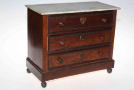 Vintage mahogany three drawer miniature chest, 32cm high.