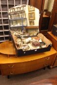 Teak cabinet bookcase, 1950's/60's dressing table and two boxes of china, silver plate, etc.