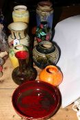 Nine pieces of decorative pottery vases and bowl including Ruskin 1307 and 1921,