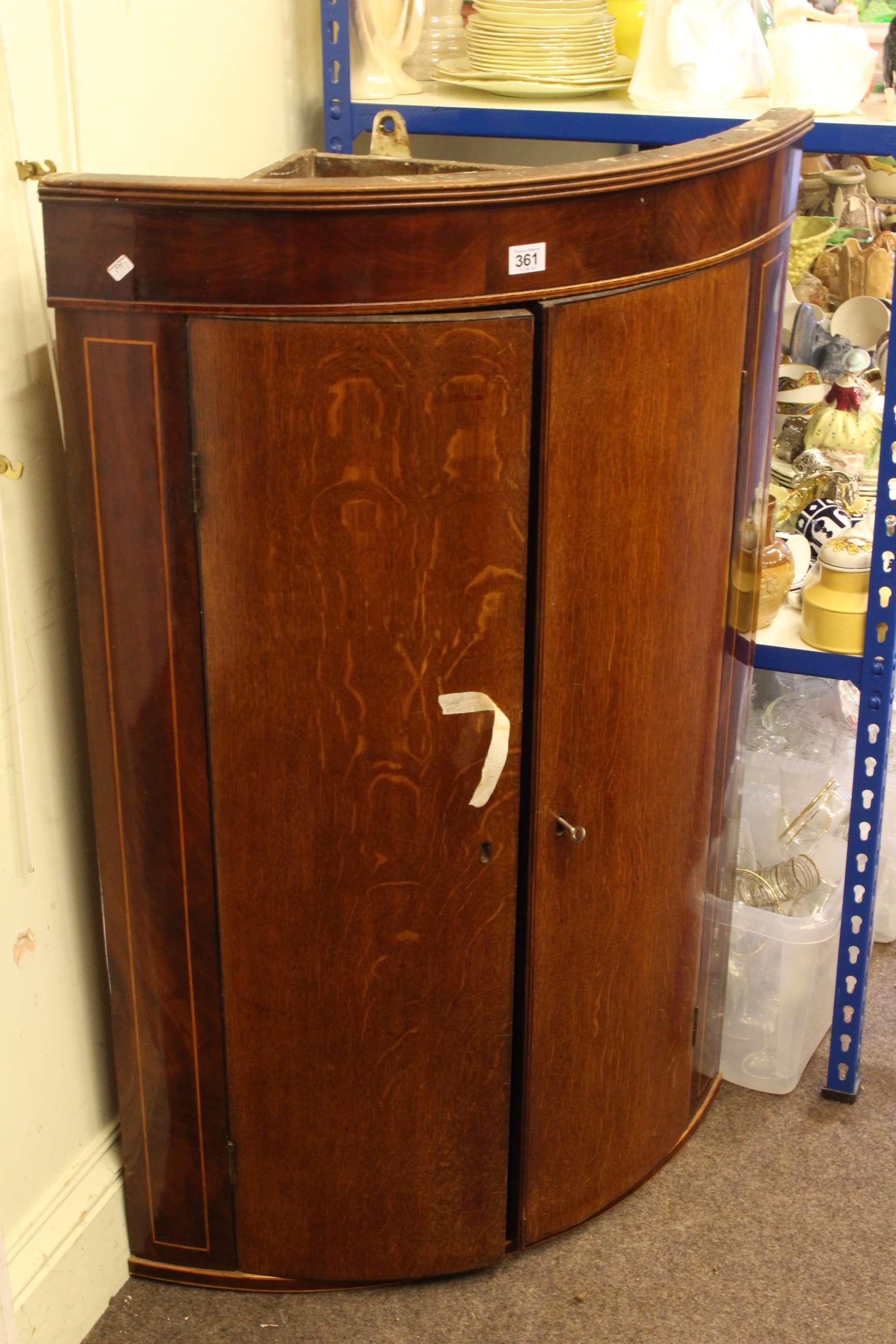 Victorian oak, mahogany and line inlaid two door bow front corner wall cabinet, 109cm.