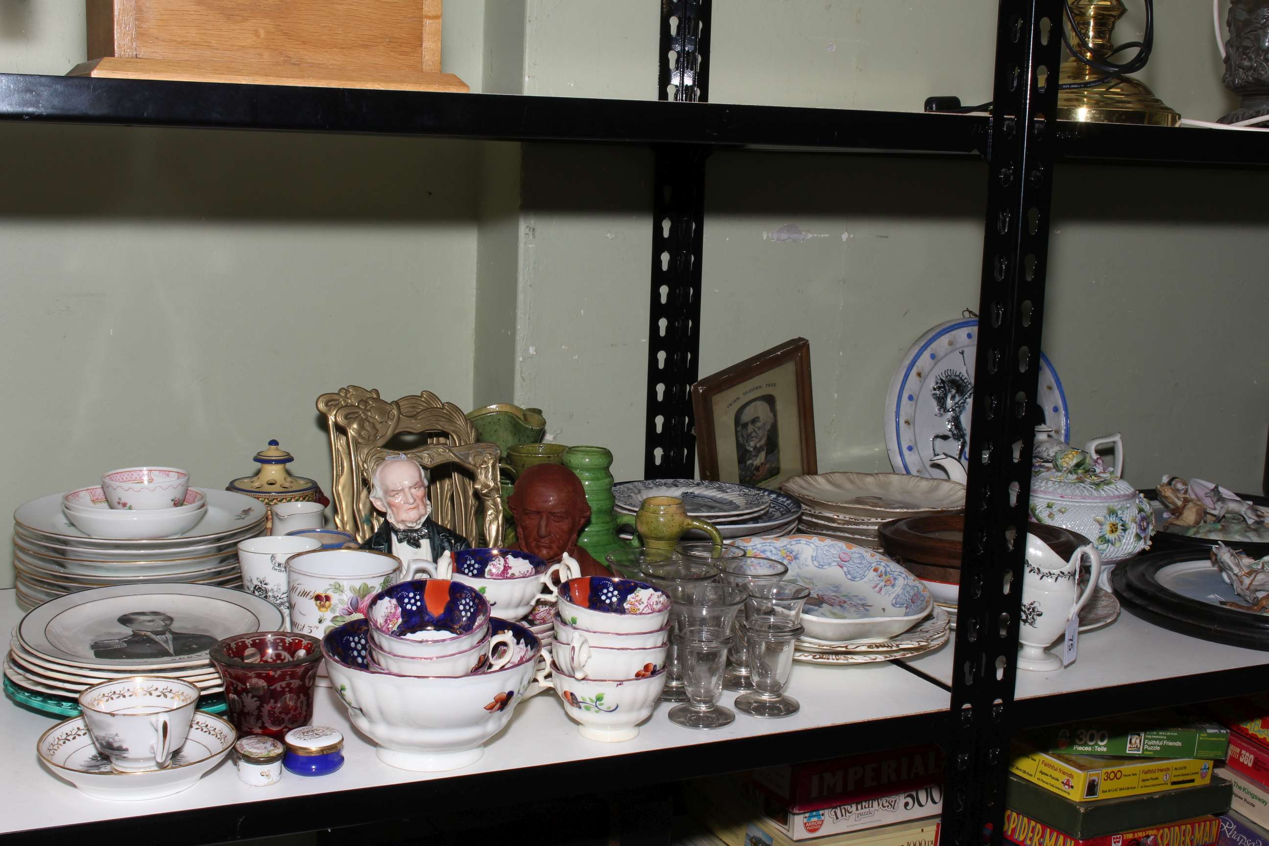 Collection of Victorian porcelain including decorative teawares, plates, wall plaques, glass,