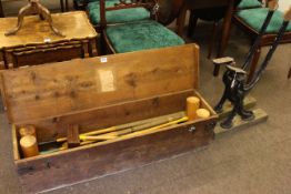 Vintage Slazenger croquet set and pair cast garden bench ends.