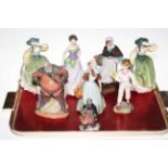 Seven Royal Doulton figures and Royal Worcester Parakeet figure (8).