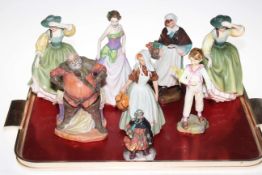 Seven Royal Doulton figures and Royal Worcester Parakeet figure (8).