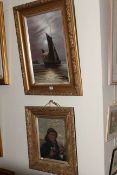 Framed oil of a fisherman, pair gilt framed oils of Yachts at Sea,