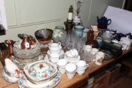 Collection of Victorian porcelain, copper jugs, oil lamp, glass, prints, commemorative, etc.