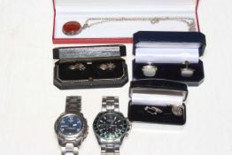 Two gents wristwatches, cufflinks and pendant necklace.