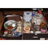 Two boxes of mostly Oriental china, including vases, ginger jar, bowls, soapstone carving, etc.