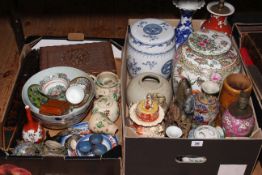 Two boxes of mostly Oriental china, including vases, ginger jar, bowls, soapstone carving, etc.