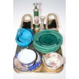 Six Rubelles pierced plates, ornate Continental porcelain, pottery log chairs, and turquoise basket.