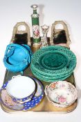 Six Rubelles pierced plates, ornate Continental porcelain, pottery log chairs, and turquoise basket.