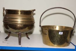 Brass jam pan and brass coal cauldron.