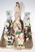 Collection of Staffordshire figures and pair of Continental gallant and maiden figures (10).