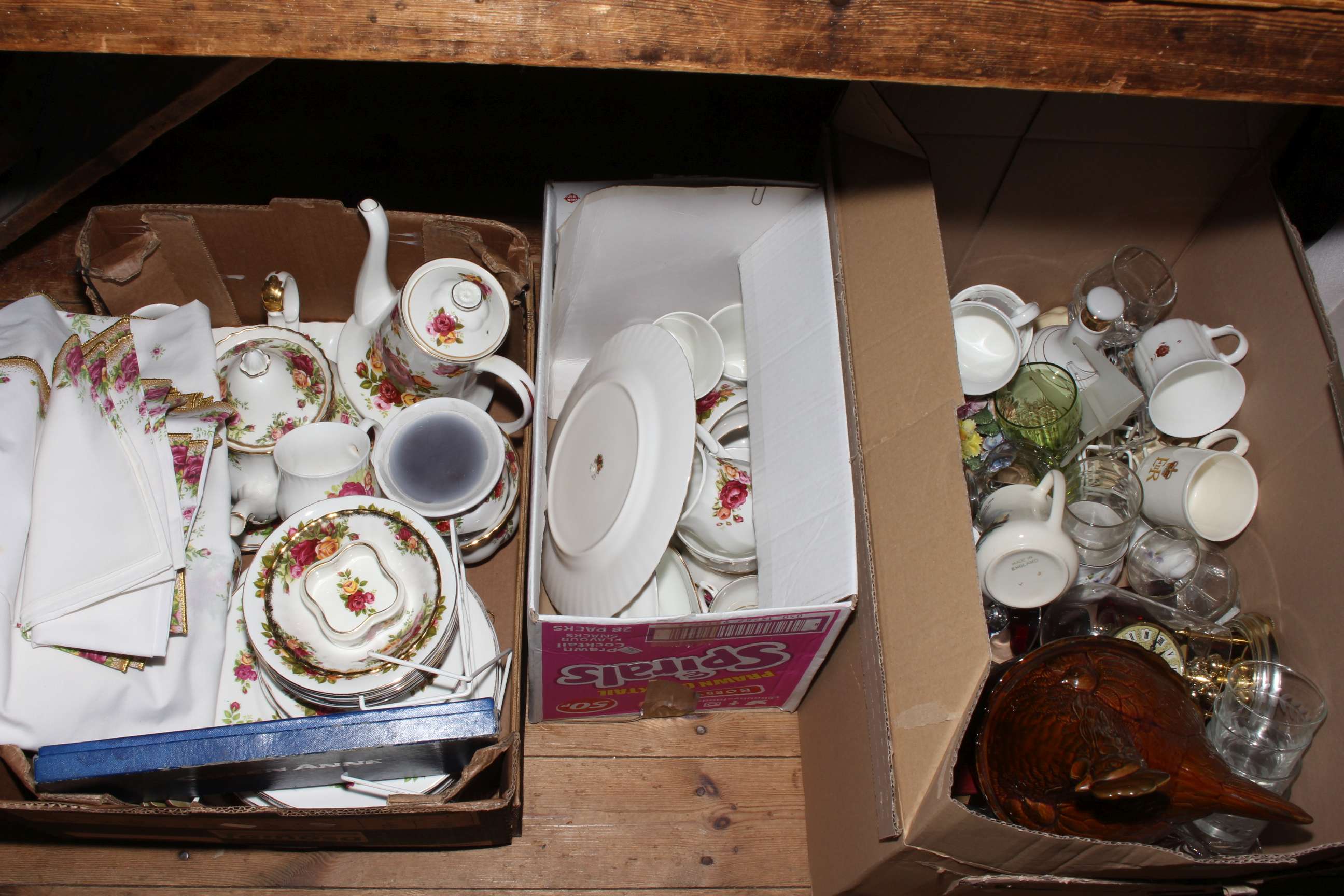 Three boxes of porcelain, glass, clock, etc.
