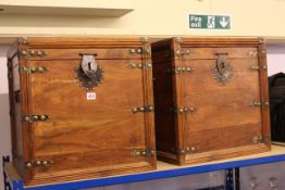 Pair hardwood and metal bound storage trunks, 49.5cm by 48cm by 49cm.