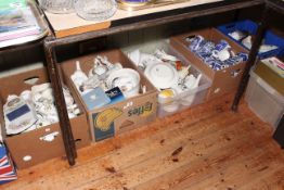 Five boxes of various china including Ringtons blue and white, teawares, ornaments, etc.