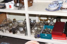 Collection of silver plated wares including cased carving set, cutlery, teapots, etc,