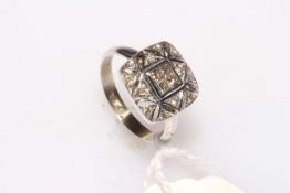 14k white gold 'Belle Epoque' style diamond set ring, size L.