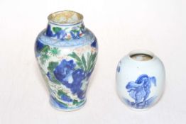 Early Chinese figure decorated vase, 18.5cm, and small blue and white vase (2).