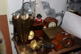 Mining lamps, Victorian mantel clocks, cast money boxes, brass slipper box, brass umbrella stand,