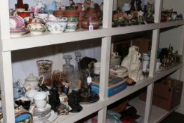 Collection of part tea sets, Staffordshire dogs, singles records, mining lamp, projector,