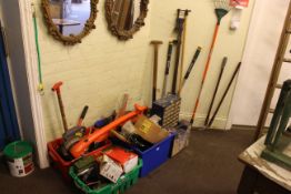Four boxes of various tools, booster cables, screw cabinet and collection of garden tools.
