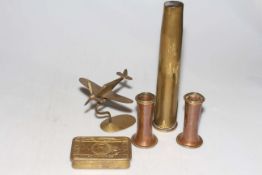 Princess Mary box, shell case, pair copper vases and spitfire model.