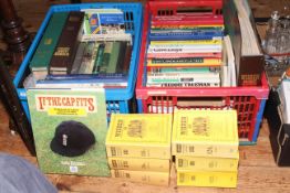 Two boxes of cricketing books, six Wisden volumes, magazines, etc.