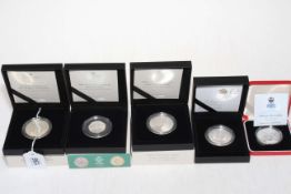 Five Royal Mint silver proof coins in boxes with COAs inc: The 95th Birthday of Her Majesty The