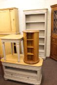 Green and oak two drawer open bookcase, matching entertainment unit and side table,