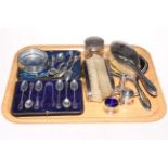 Tray lot of silver including teaspoons, cruet, brush set, etc.