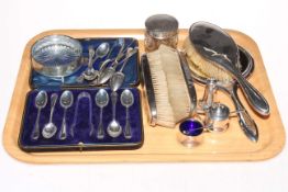 Tray lot of silver including teaspoons, cruet, brush set, etc.