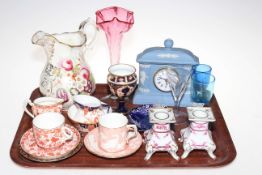 Tray lot with small Royal Crown Derby vase, Dresden candlesticks, Wedgwood clock, cups and saucers,