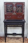 Oriental lacquered table top cabinet having two doors with panels decorated with birds and foliage