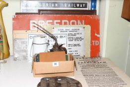 Collection of railway interest including signs, oil can, large points spanner, books, etc.