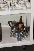 Two wall clocks, metalwares, Wade decanters, Victorian table lamp, etc.