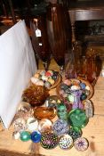 Collection of onyx eggs, glass paperweights, amber glass, Murano, etc.